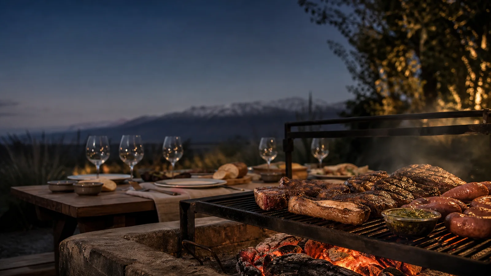 Argentine asado cooking over glowing embers beside a table set with wine at dusk