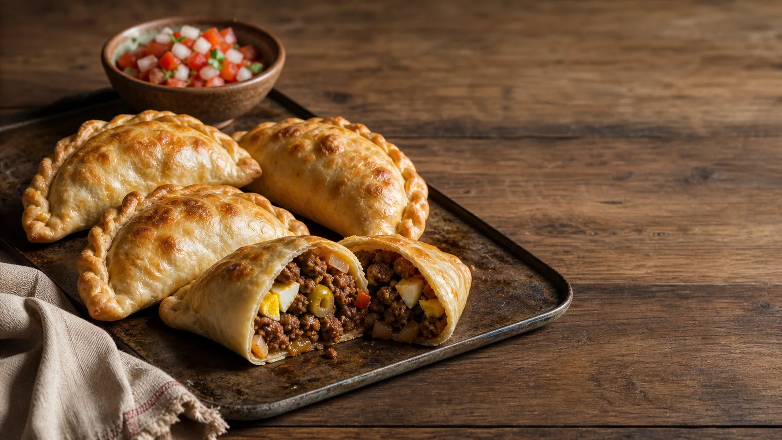 Golden baked beef empanadas, one cut open to show beef, onion, egg, and green olives
