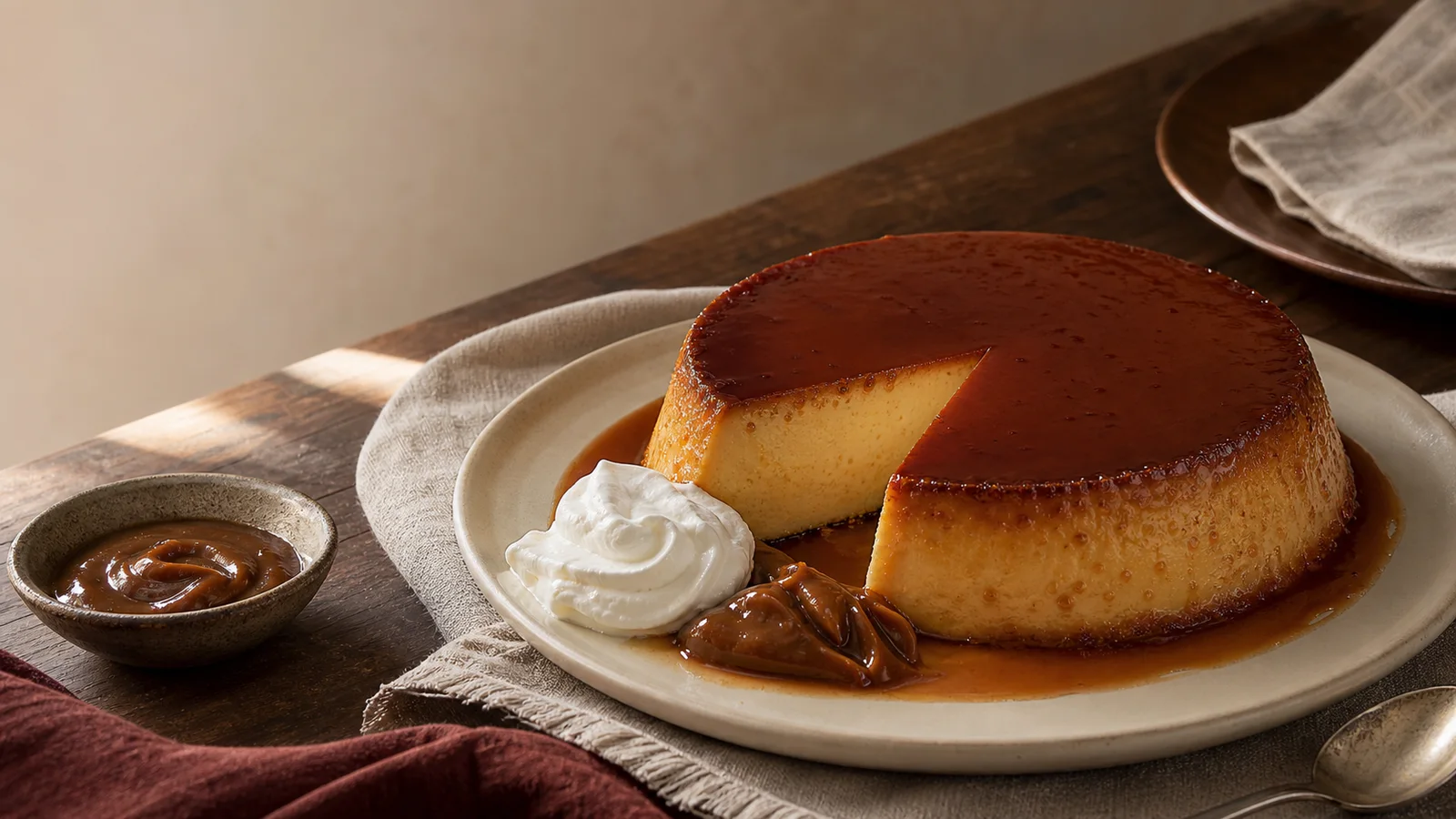 Unmolded caramel flan with a cut slice, dulce de leche, and softly whipped cream