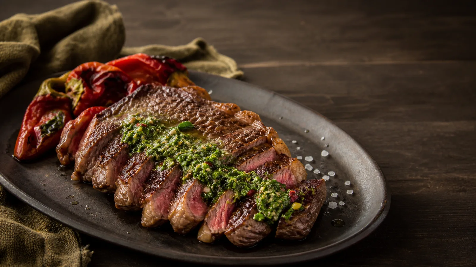 Platter of sliced strip steak with chimichurri, coarse salt, and blistered red peppers