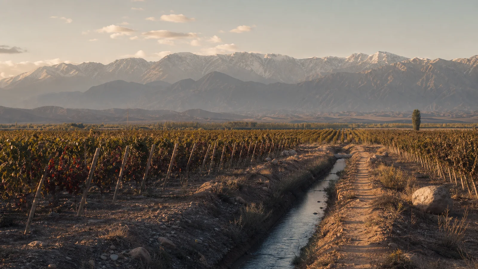 Irrigated vineyard rows beneath the Andes in Argentina