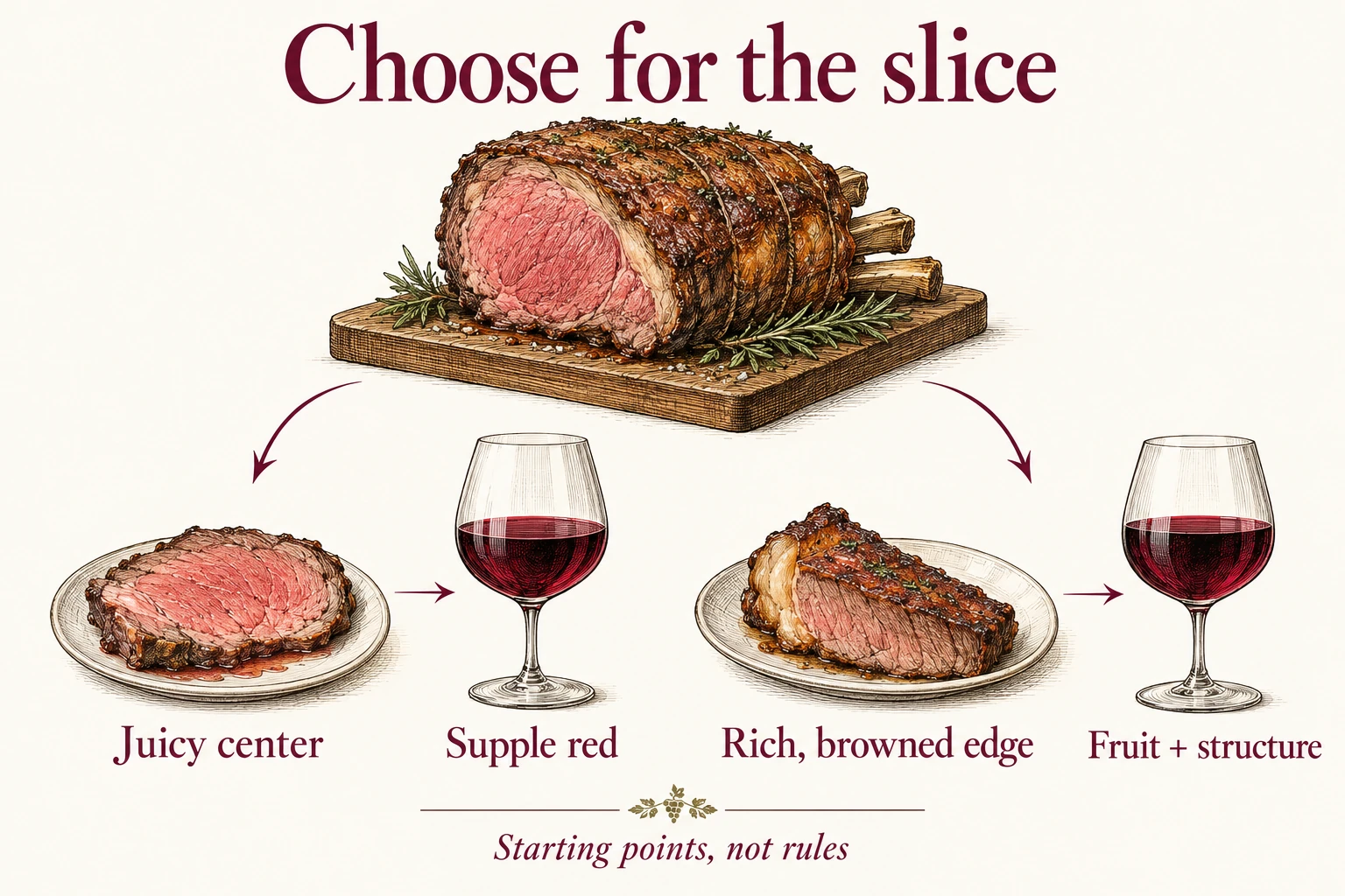 A rib roast gives two different pairing starting points: a juicy center slice with a supple red, and a rich browned edge with fruit and structure. These are starting points, not rules.