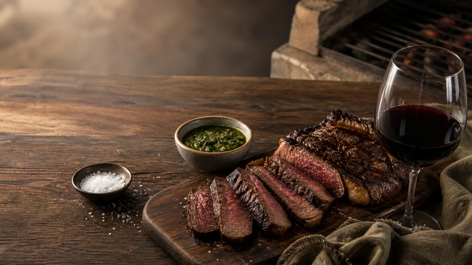Sliced grilled steak with red wine, chimichurri, and salt on a wooden table