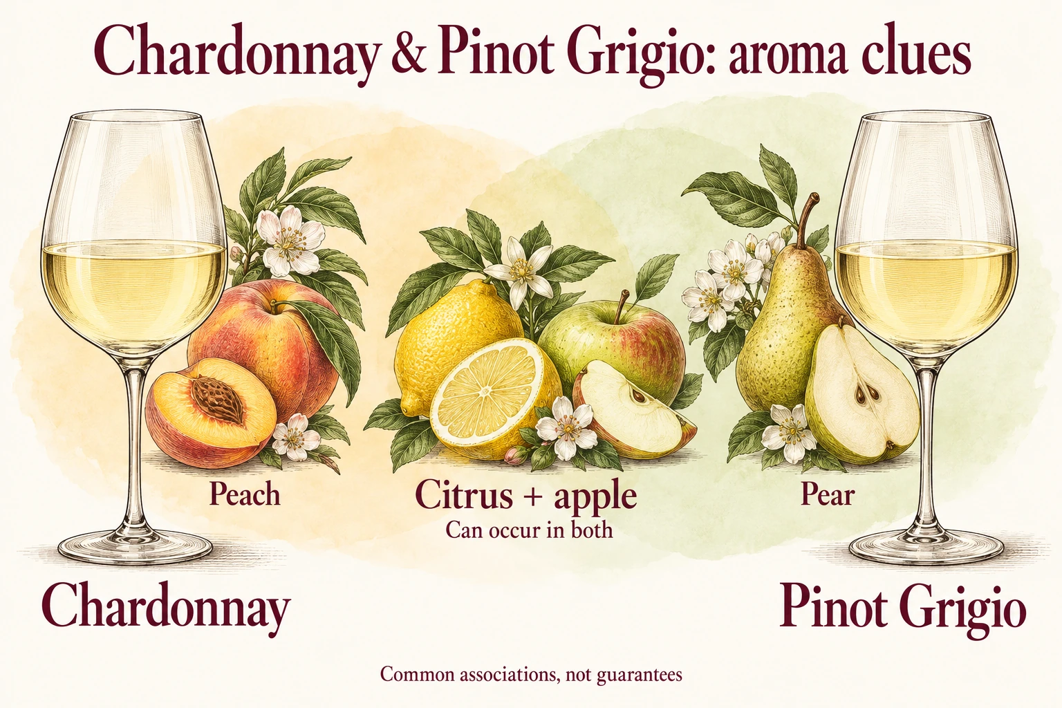Two white-wine glasses with illustrated citrus, apple and pear showing overlapping aroma possibilities.