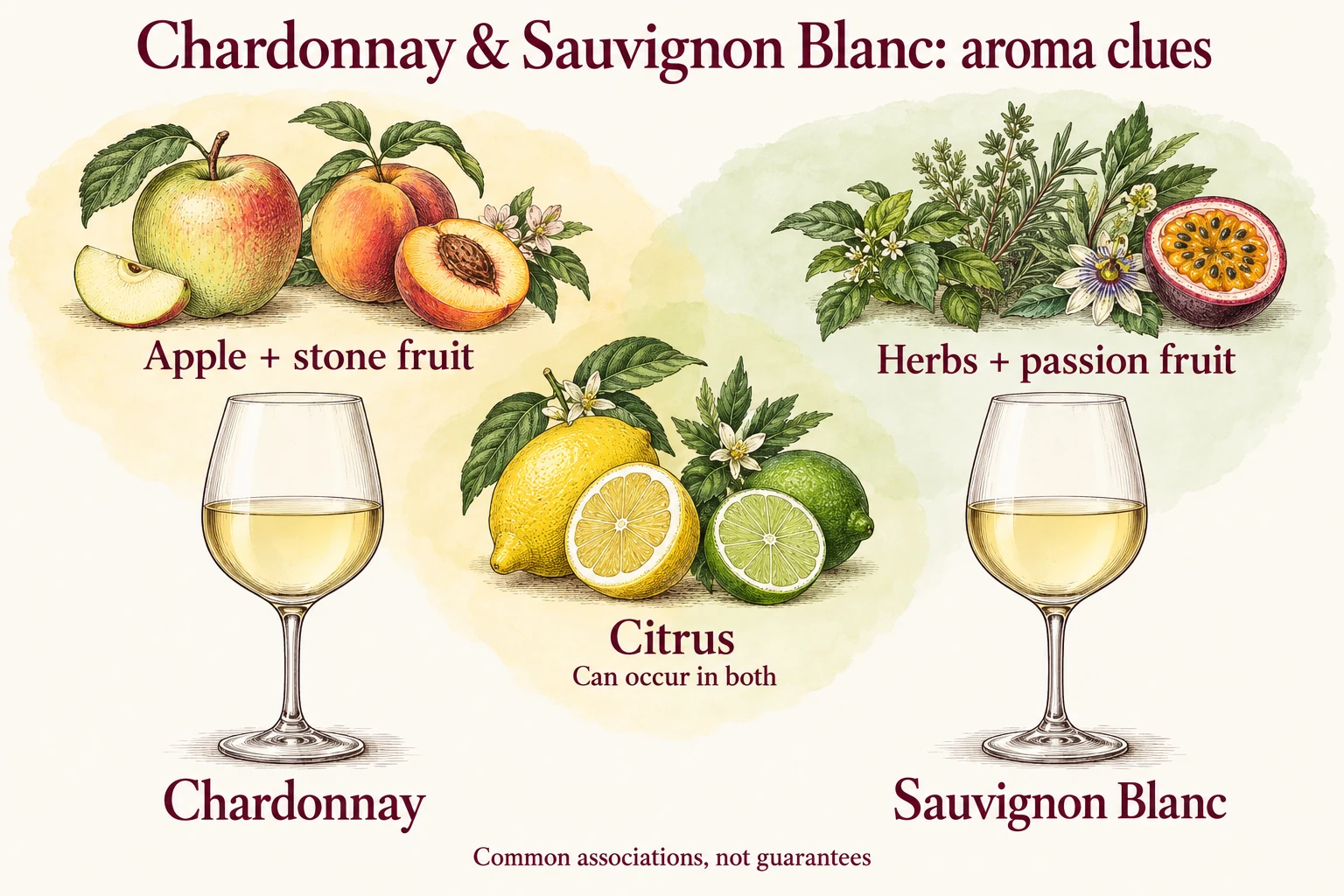 White-wine glasses beside illustrated citrus, stone fruit and herbs showing shared and contrasting aroma cues.
