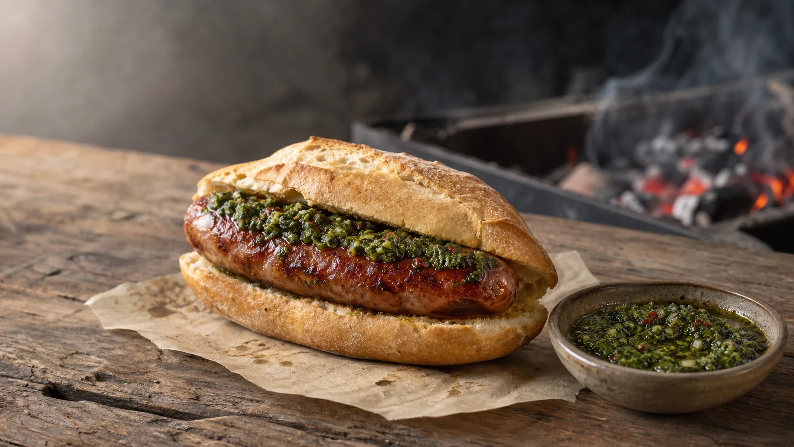 Grilled fresh chorizo in a crusty roll with chimichurri beside glowing coals