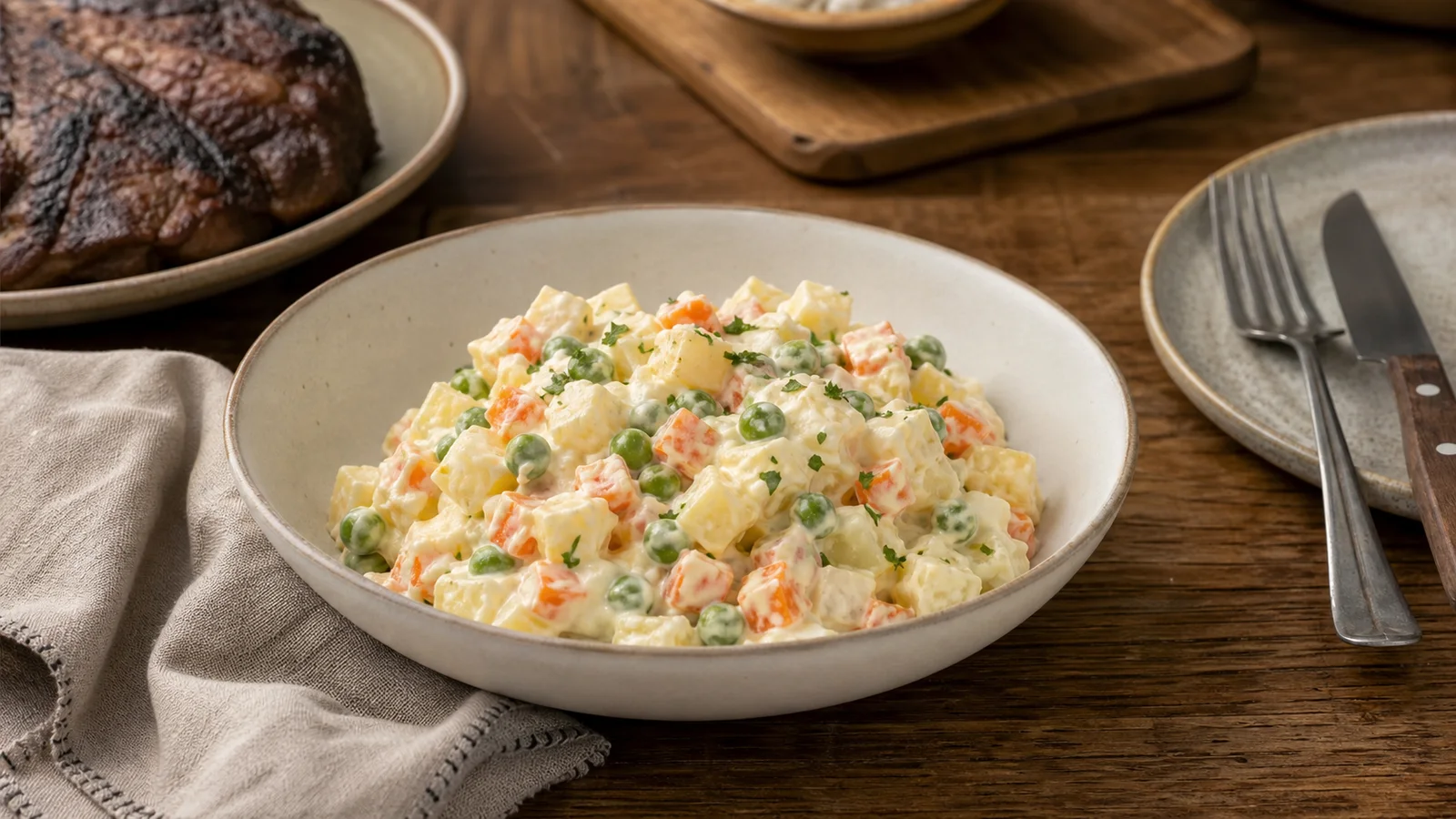 Creamy Argentine potato salad with evenly diced carrots and green peas beside grilled beef