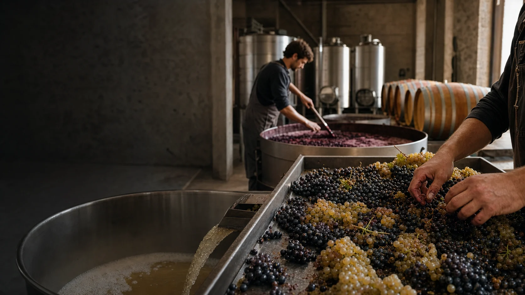 Editorial winery scene with grape sorting, fresh juice, an open red fermenter, stainless tanks, and barrels