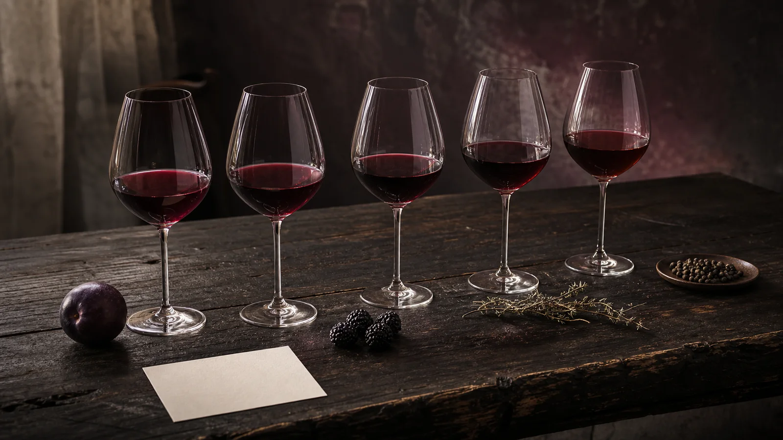 Editorial row of red wine glasses showing differences in color and transparency