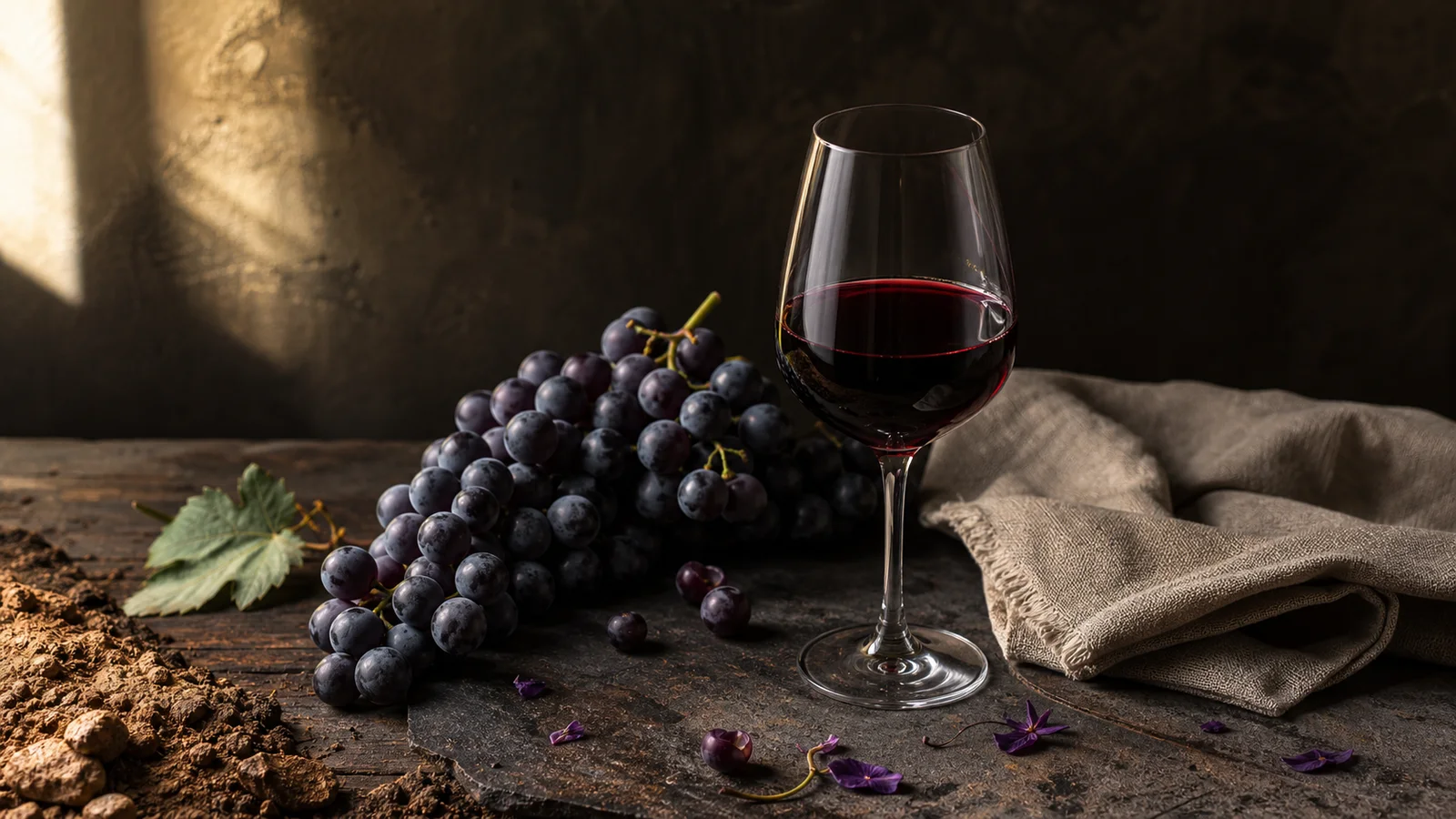 Dark editorial still life with a glass of red wine, Malbec grapes, and a folded linen cloth