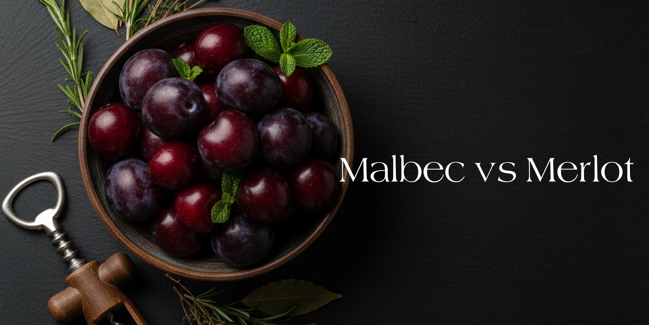 Plums, herbs, and a corkscrew beside the words ‘Malbec vs Merlot.’