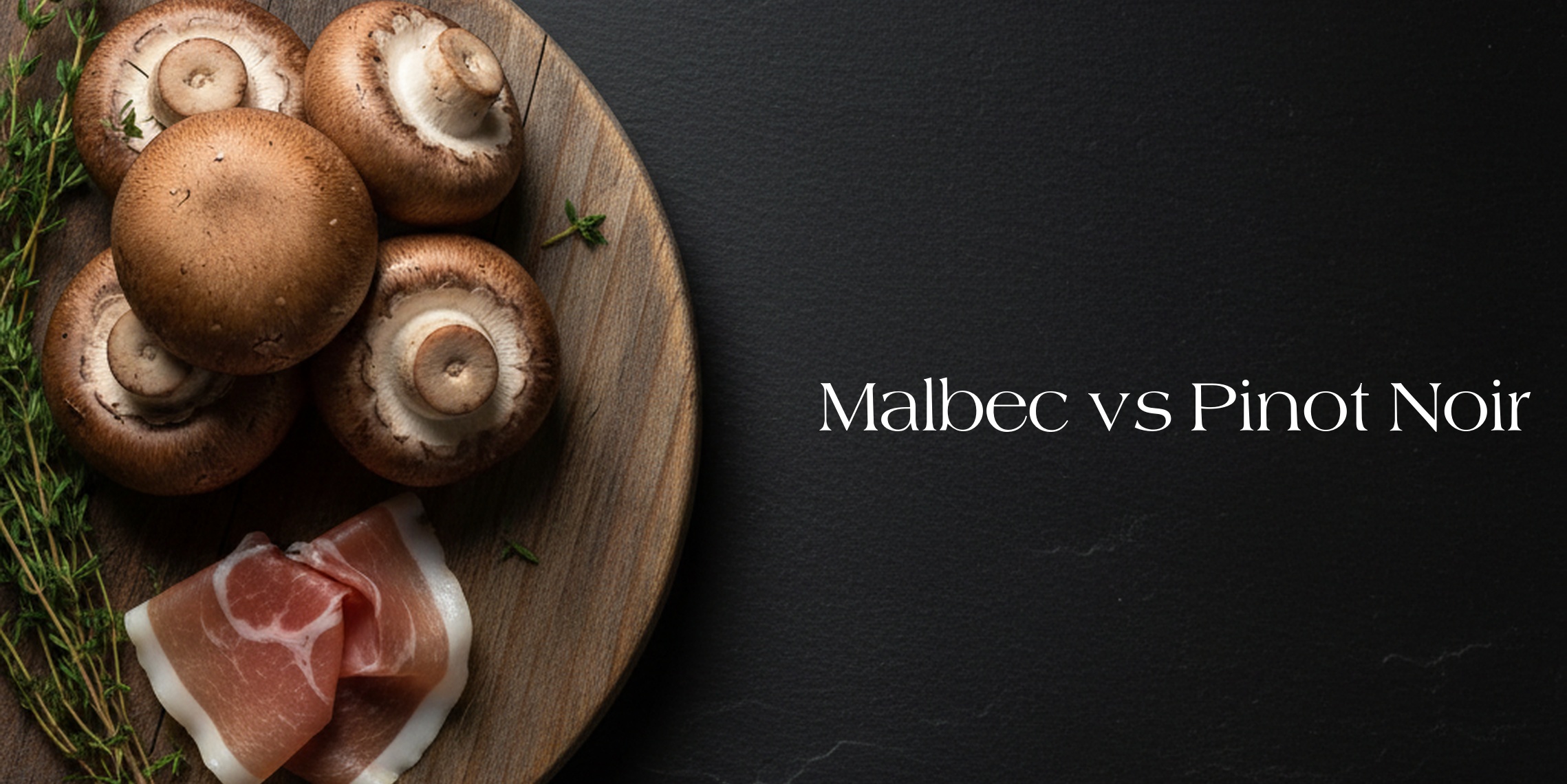 Mushrooms, prosciutto, and herbs beside the words ‘Malbec vs Pinot Noir.’
