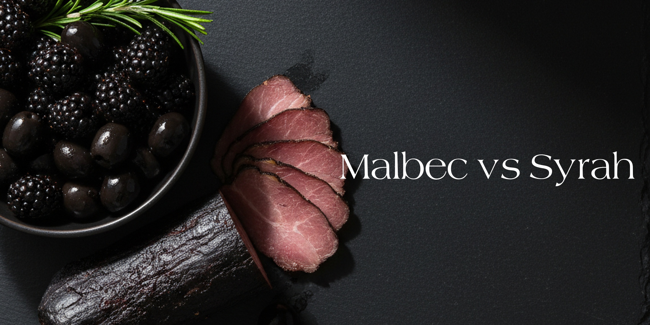 Blackberries, olives, rosemary, and sliced cured meat beside the words ‘Malbec vs Syrah.’