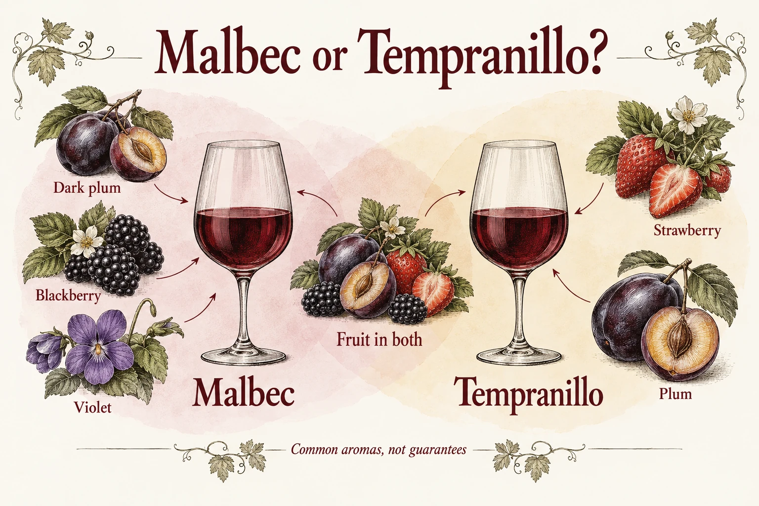 Two red-wine glasses with illustrated plum, blackberry, strawberry, and violet aroma cues.