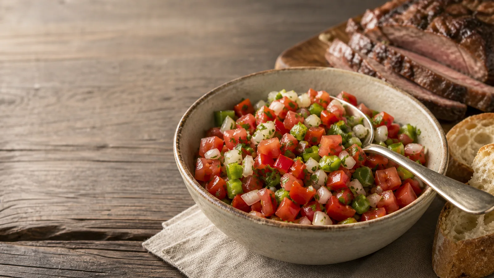 Bowl of finely diced tomato, onion, red and green pepper, and parsley beside grilled beef