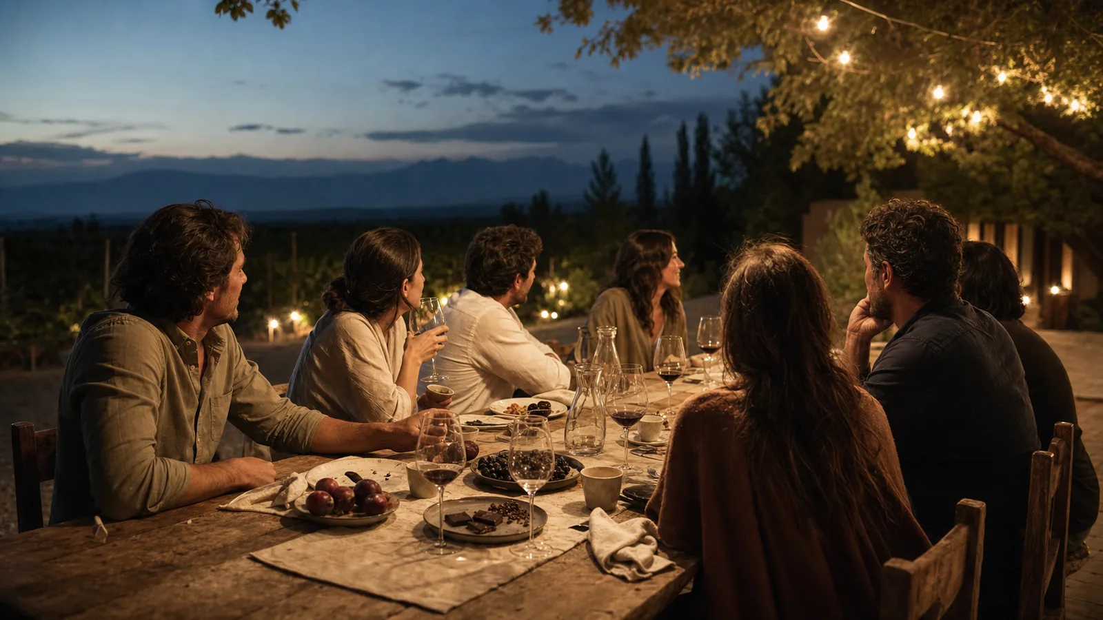 Friends lingering around a long outdoor table after dinner beneath warm lights in Mendoza