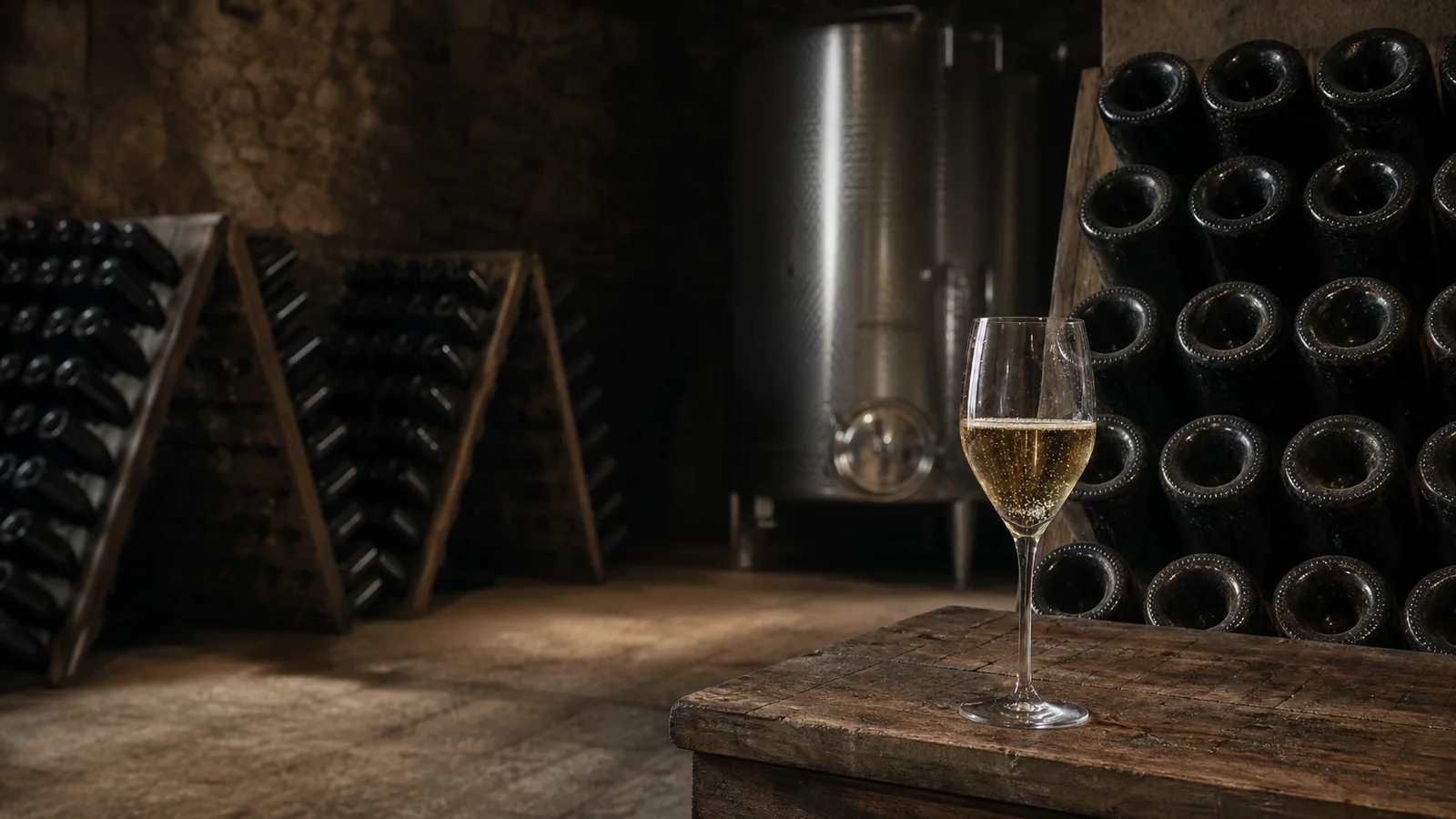 Unlabeled sparkling-wine bottles, a pressure tank, and a glass in a quiet cellar