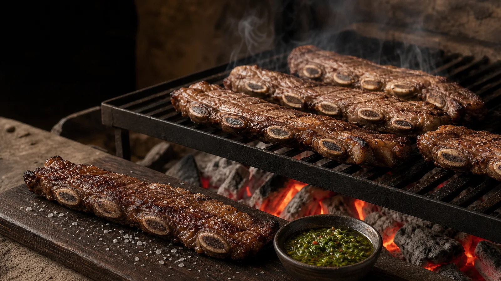 Thin cross-cut beef short ribs browning over glowing coals with chimichurri nearby