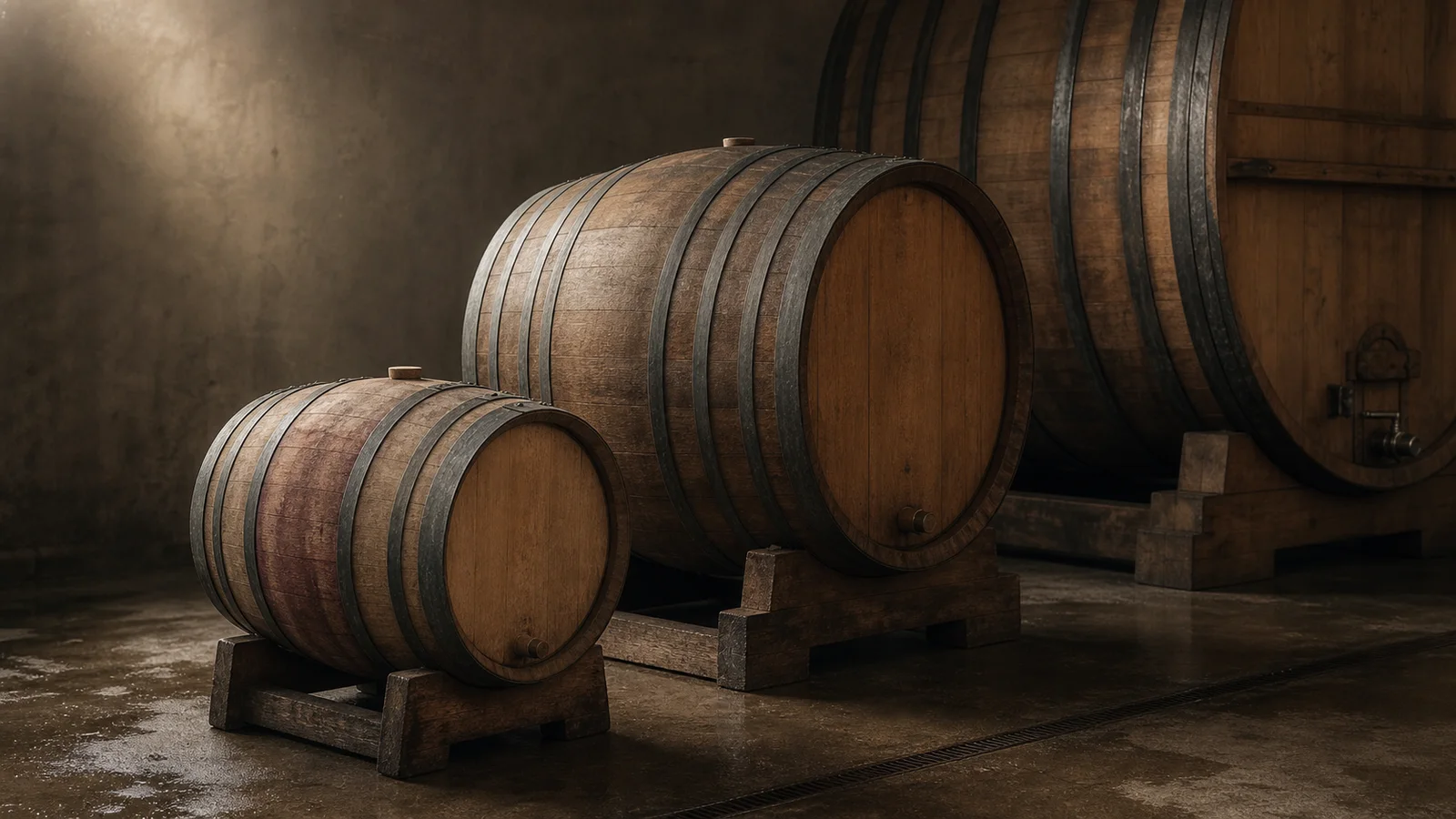 Three differently sized wooden wine vessels in a dim stone cellar