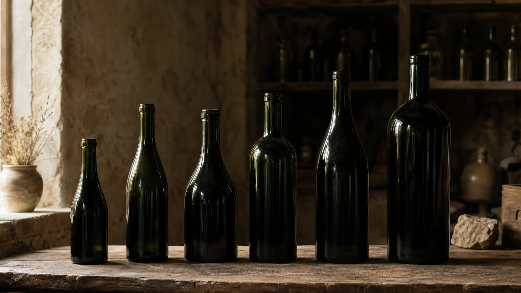 Six unlabeled green wine bottles of varied silhouettes on a worn cellar worktable