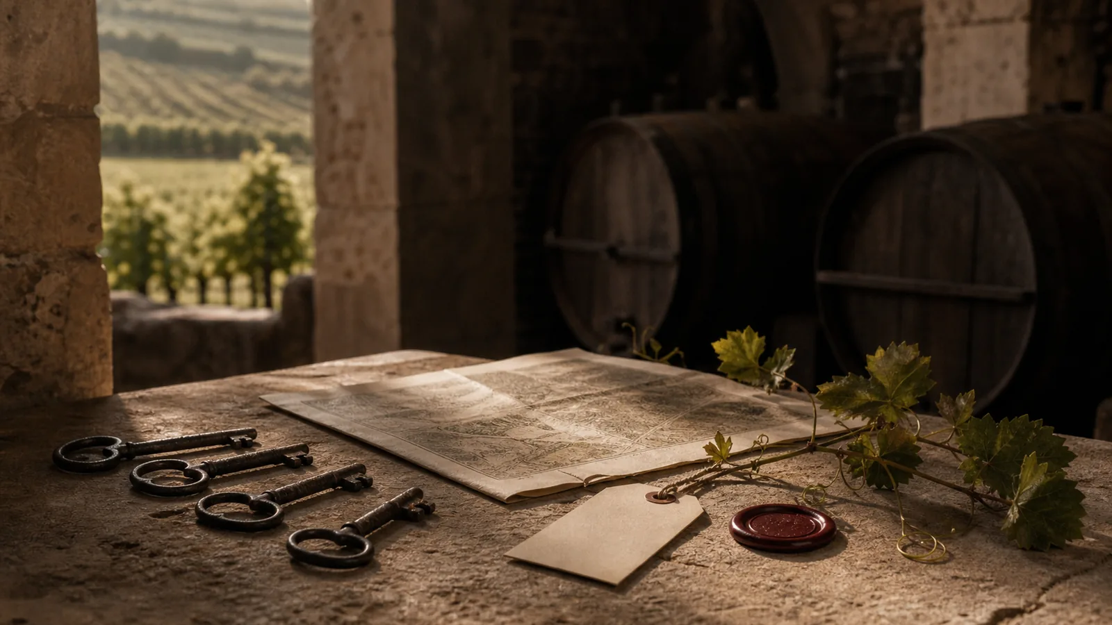 Four antique cellar keys beside a blank tag, vineyard map, and vine cutting on a limestone table