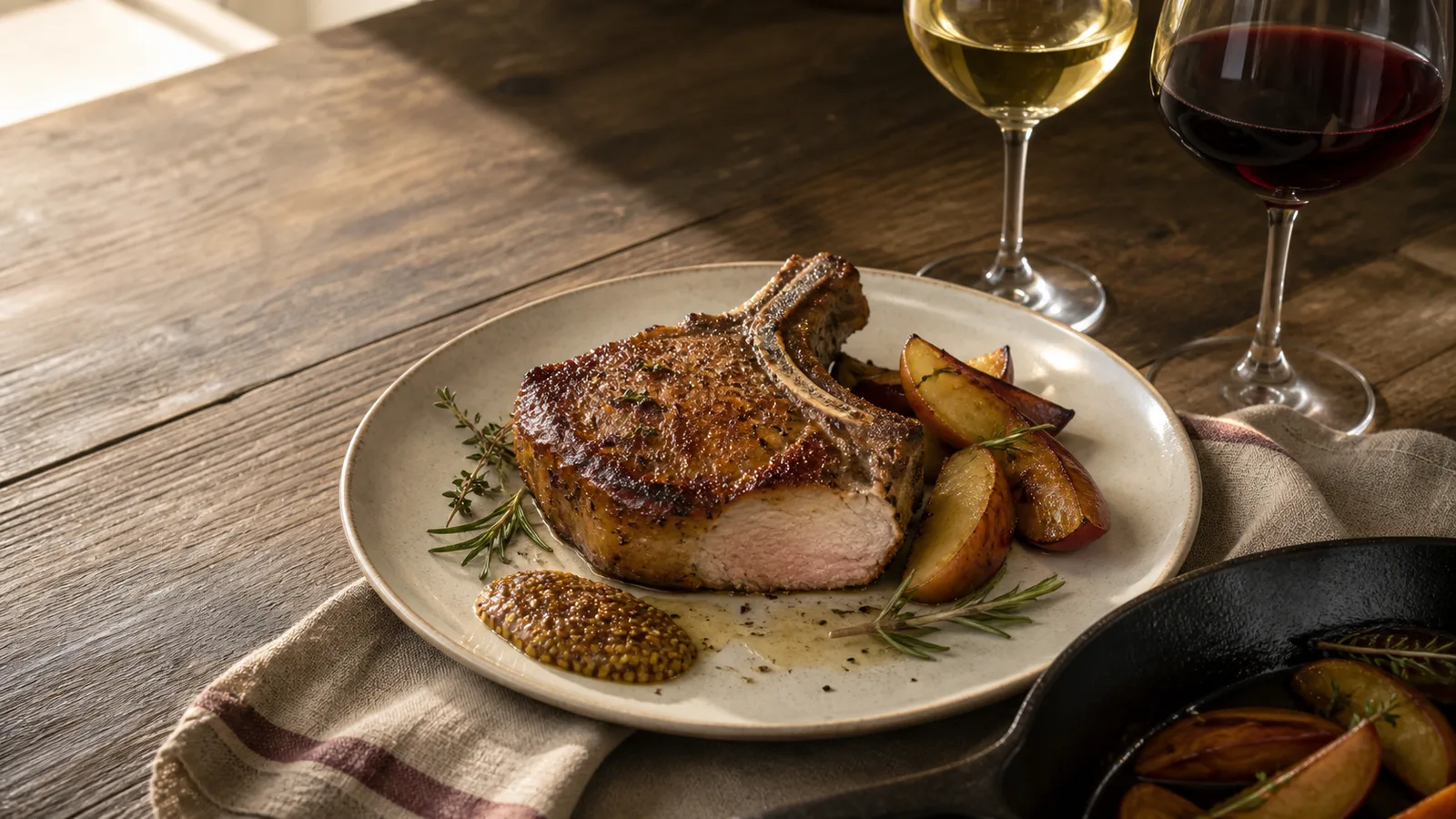 A seared bone-in pork chop with roasted apples and grain mustard beside glasses of white and red wine