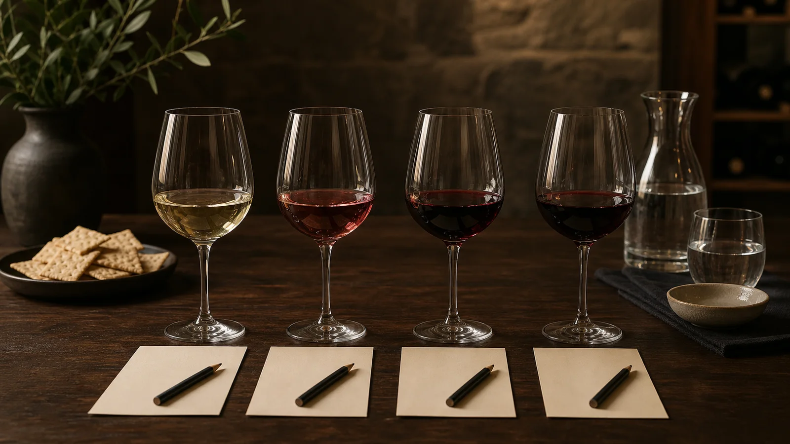 Four numbered wine glasses with small pours, note cards, plain crackers, and water on a dark wooden table