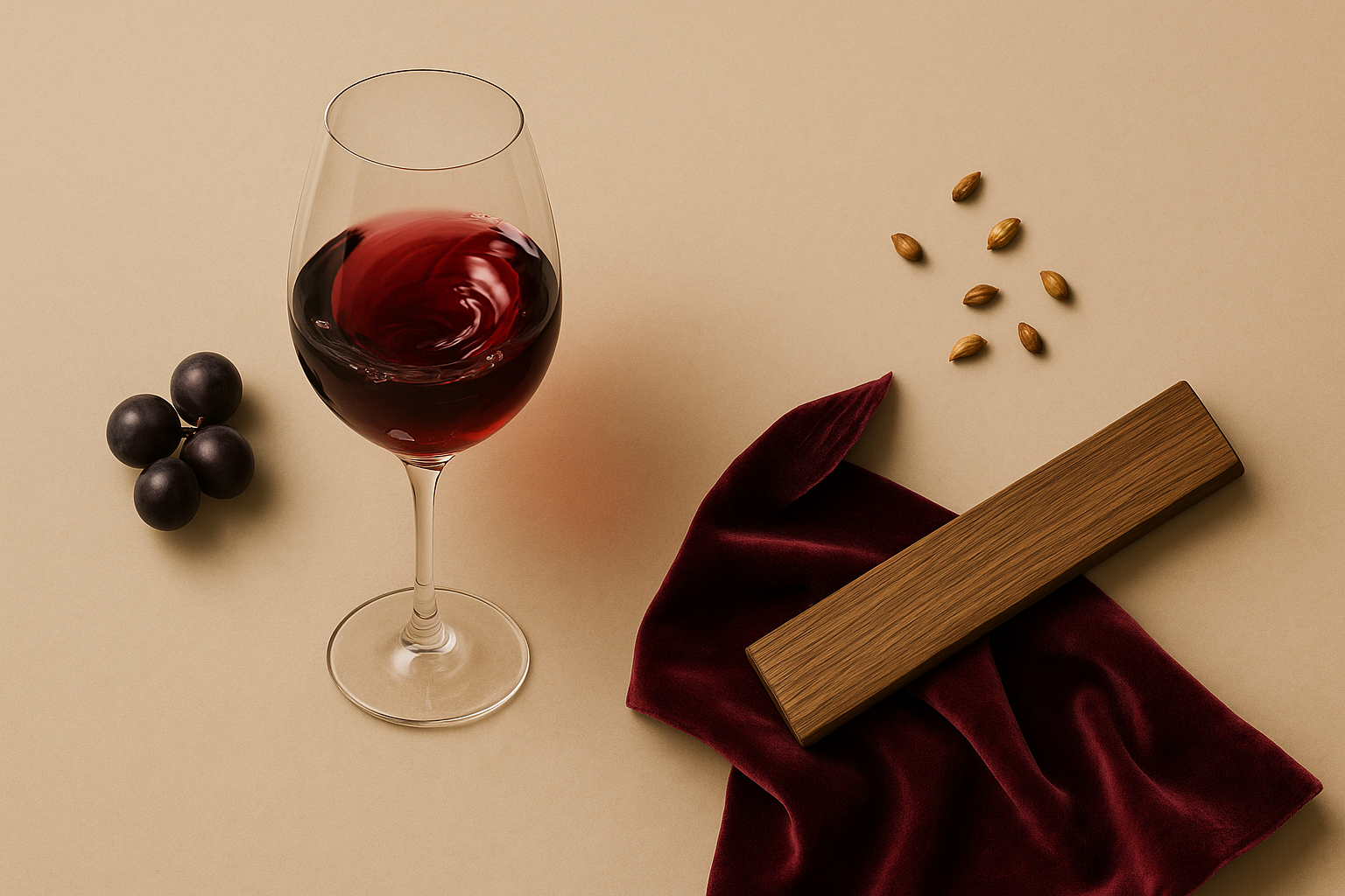 Swirling red wine beside grapes, seeds, velvet fabric, and wood representing wine texture.