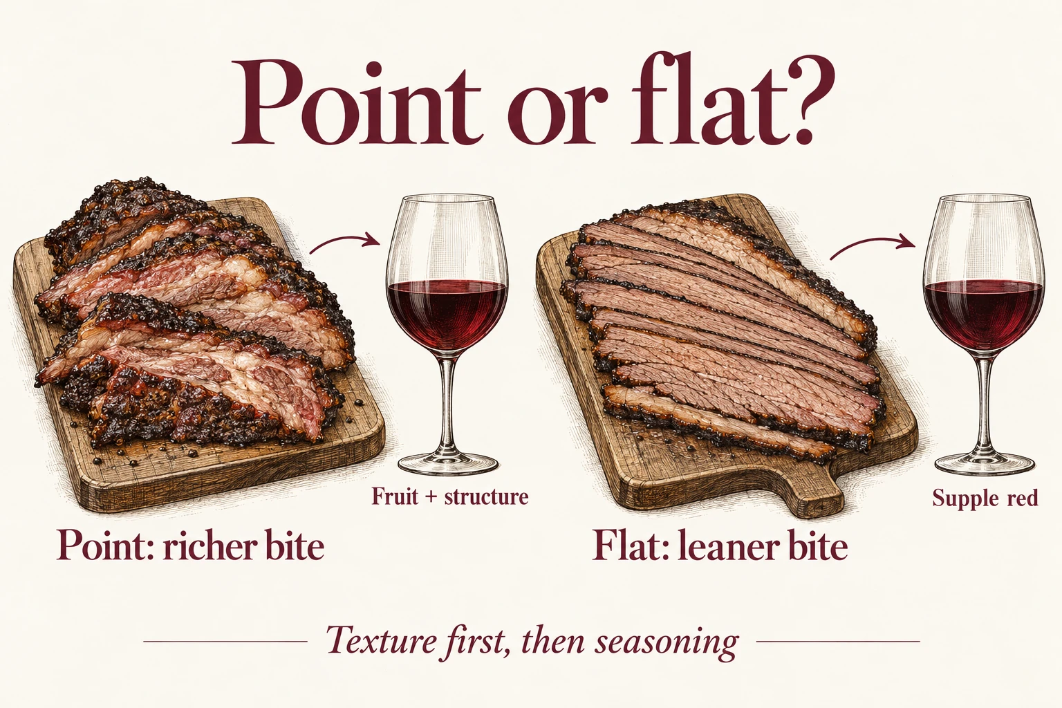Two brisket portions suggest different wine starting points: richer point with fruit and structure, and leaner flat with a supple red. Texture comes first, followed by seasoning.
