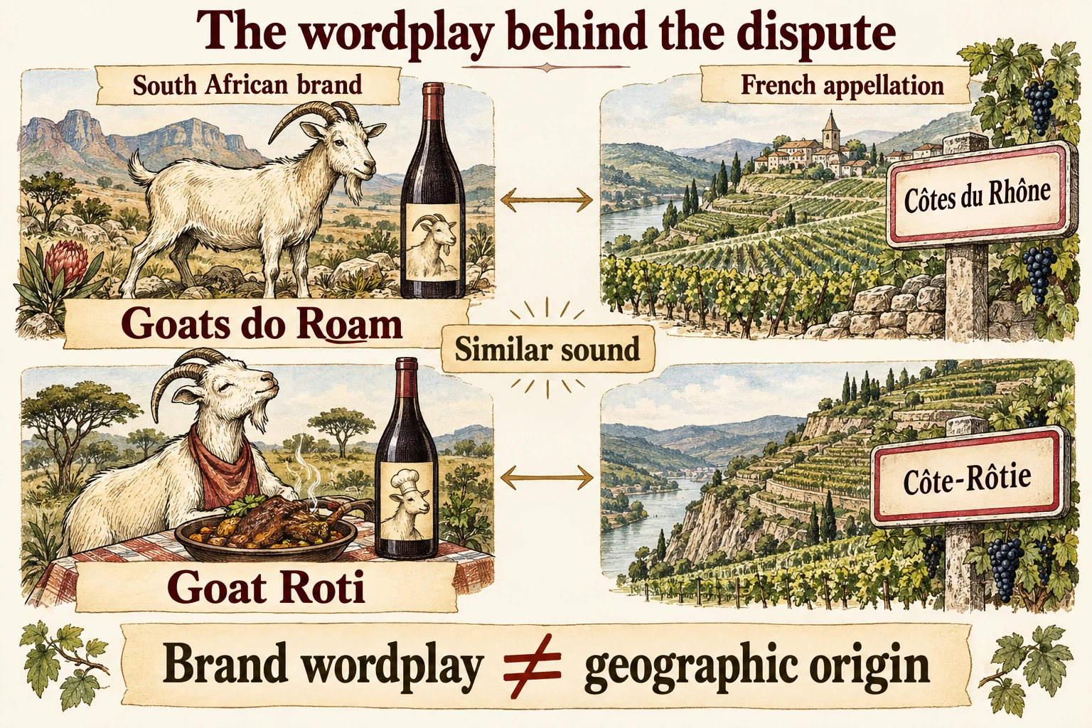 Two paired name cards compare Goats do Roam with Côtes du Rhône and Goat Roti with Côte-Rôtie, showing the wordplay behind the naming dispute rather than a wine-quality comparison.