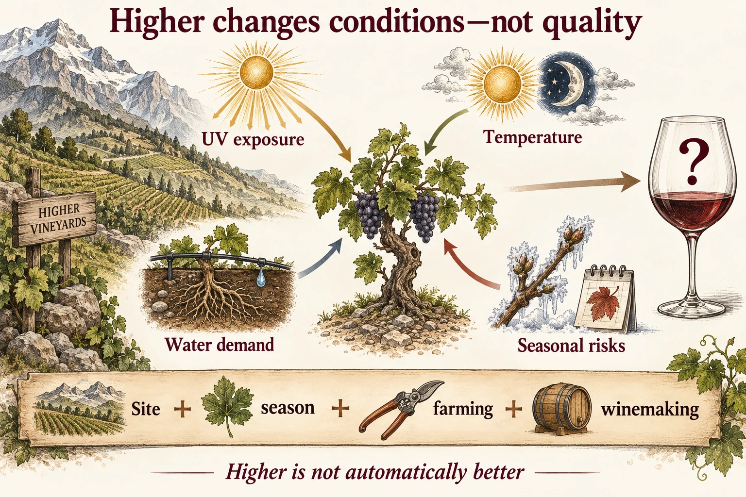 A mountain vineyard links elevation to temperature, UV exposure, water demand, and seasonal risks. These conditions interact with farming; greater height does not guarantee better wine.