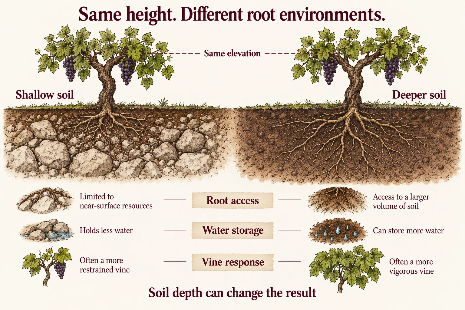 Two neighboring vines at the same elevation show a shallow stony soil and a deeper soil profile. Root access, stored water, and vine response can differ without any change in altitude.