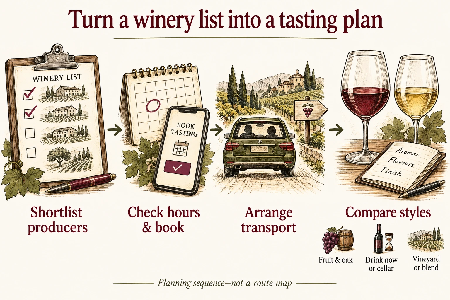 Plan a Padthaway tasting by making a shortlist, checking current opening times and booking rules, arranging transport, and comparing styles. The sequence is not a geographic map.