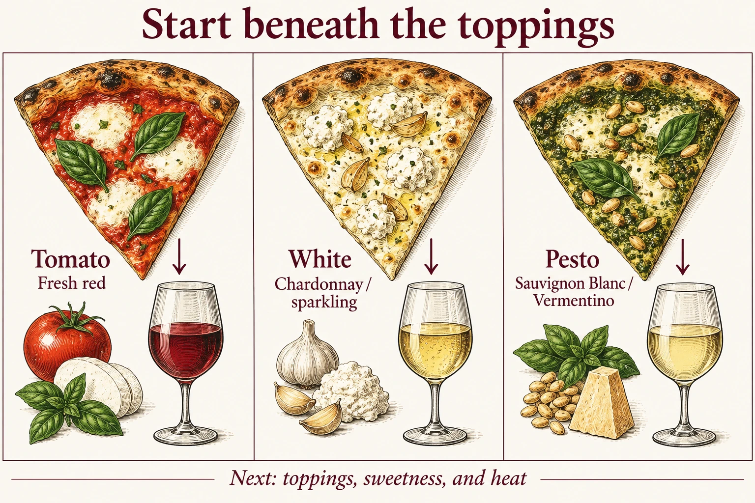 Tomato pizza suggests a fresh red, white pizza suggests fresh Chardonnay or sparkling wine, and pesto pizza suggests Sauvignon Blanc or Vermentino. Toppings and heat can alter those starting points.