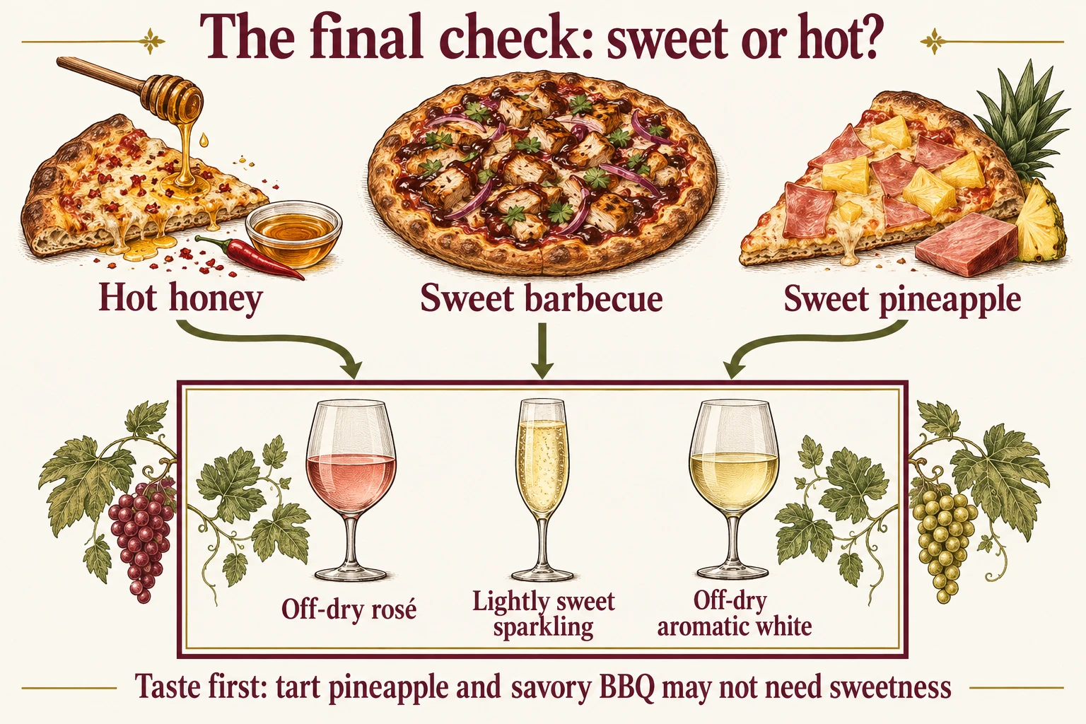 Hot honey brings sweetness and chile; barbecue sauce may be sweet as well as smoky; pineapple may be tart or strongly sweet. When sweetness or heat dominates, consider off-dry rosé, lightly sweet sparkling wine, or an off-dry aromatic white.