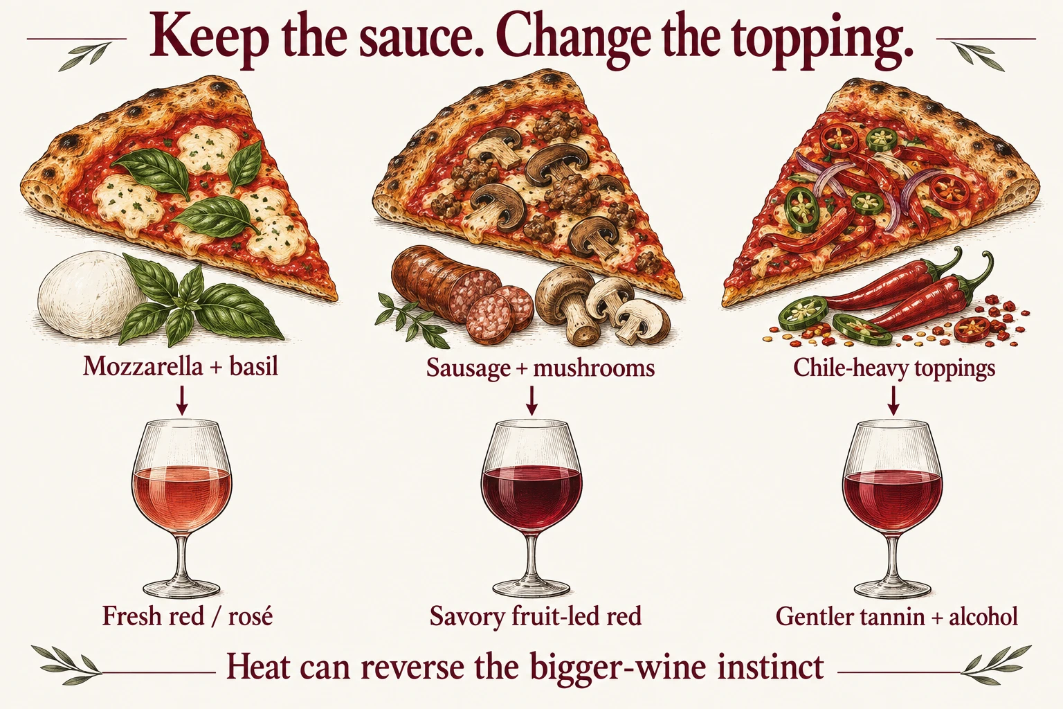 On a tomato base, light mozzarella and basil can suit a fresh red or rosé; sausage and roast mushrooms can suit a red with more savory presence; chile-heavy toppings call for gentler tannin and alcohol rather than more power.