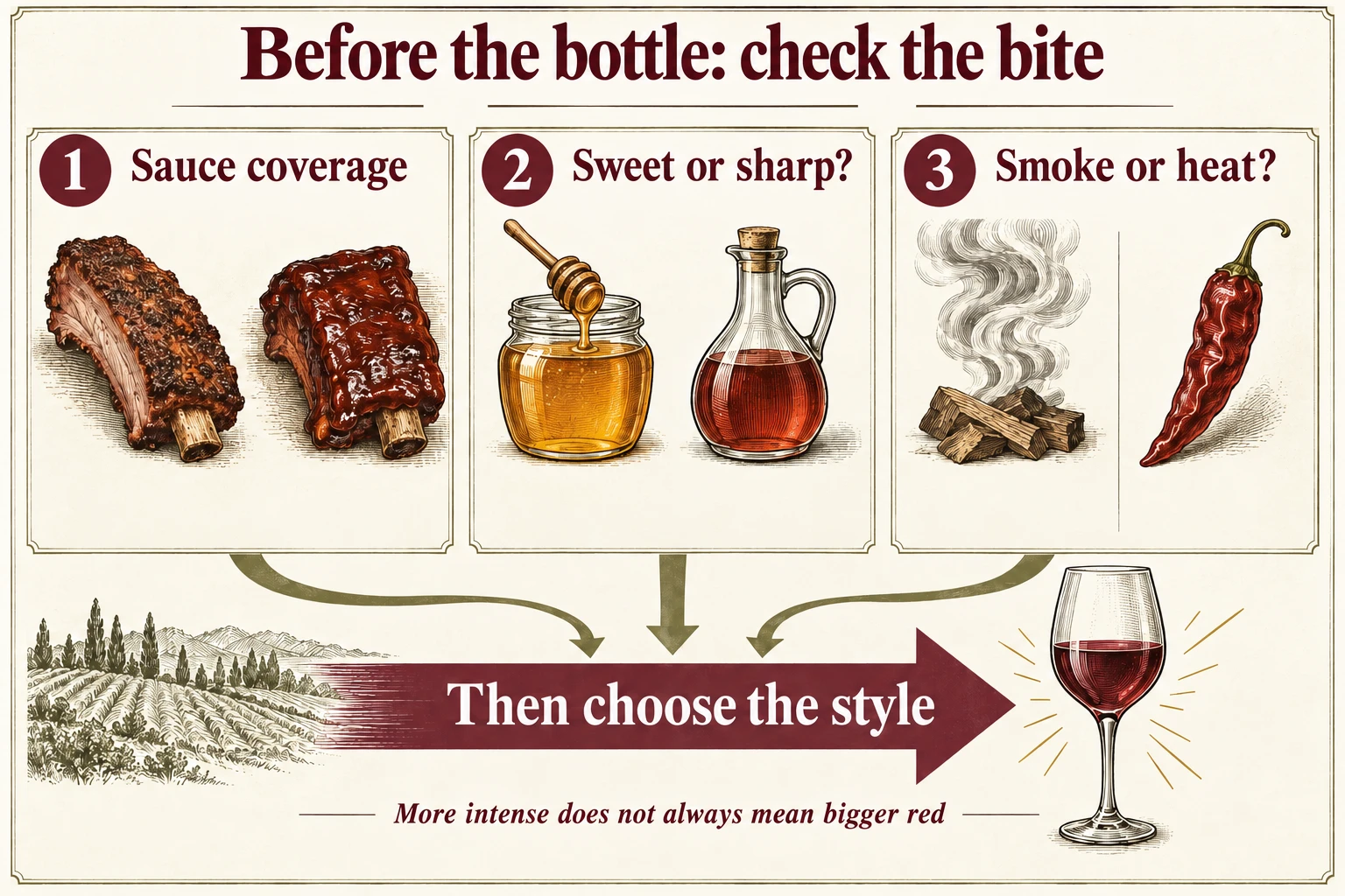 Before choosing wine, check how much sauce coats the rib, whether the sauce is sweet or sharp, and whether the bite is smoky or chile-hot. More intense food does not automatically call for a bigger red.
