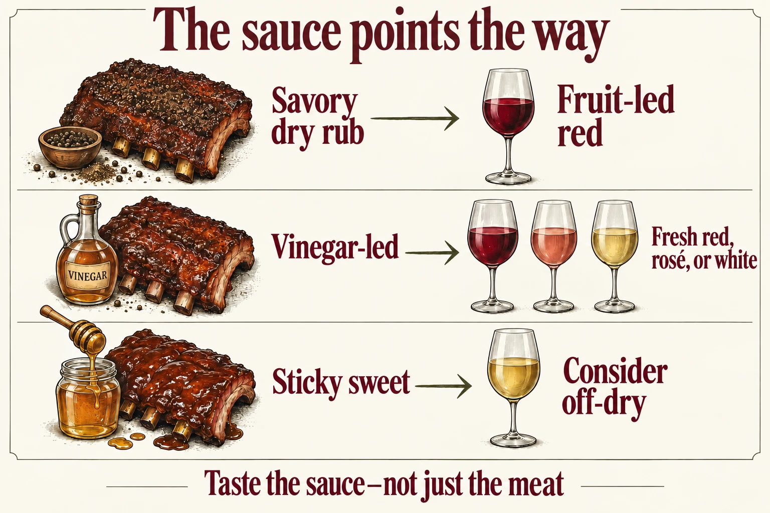 Savory dry rub suggests a fruit-led red; vinegar-led sauce suggests freshness in red, rosé, or white; sticky sweet glaze suggests an off-dry style. Taste the actual sauce before choosing.
