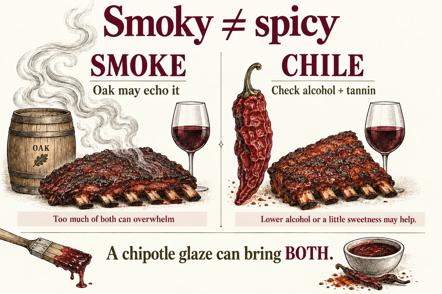 Moderate smoke may work with an oak-influenced red, but heavy smoke plus heavy oak can overwhelm. Chile heat calls for checking alcohol, tannin, and sweetness; smoky and spicy are not the same.