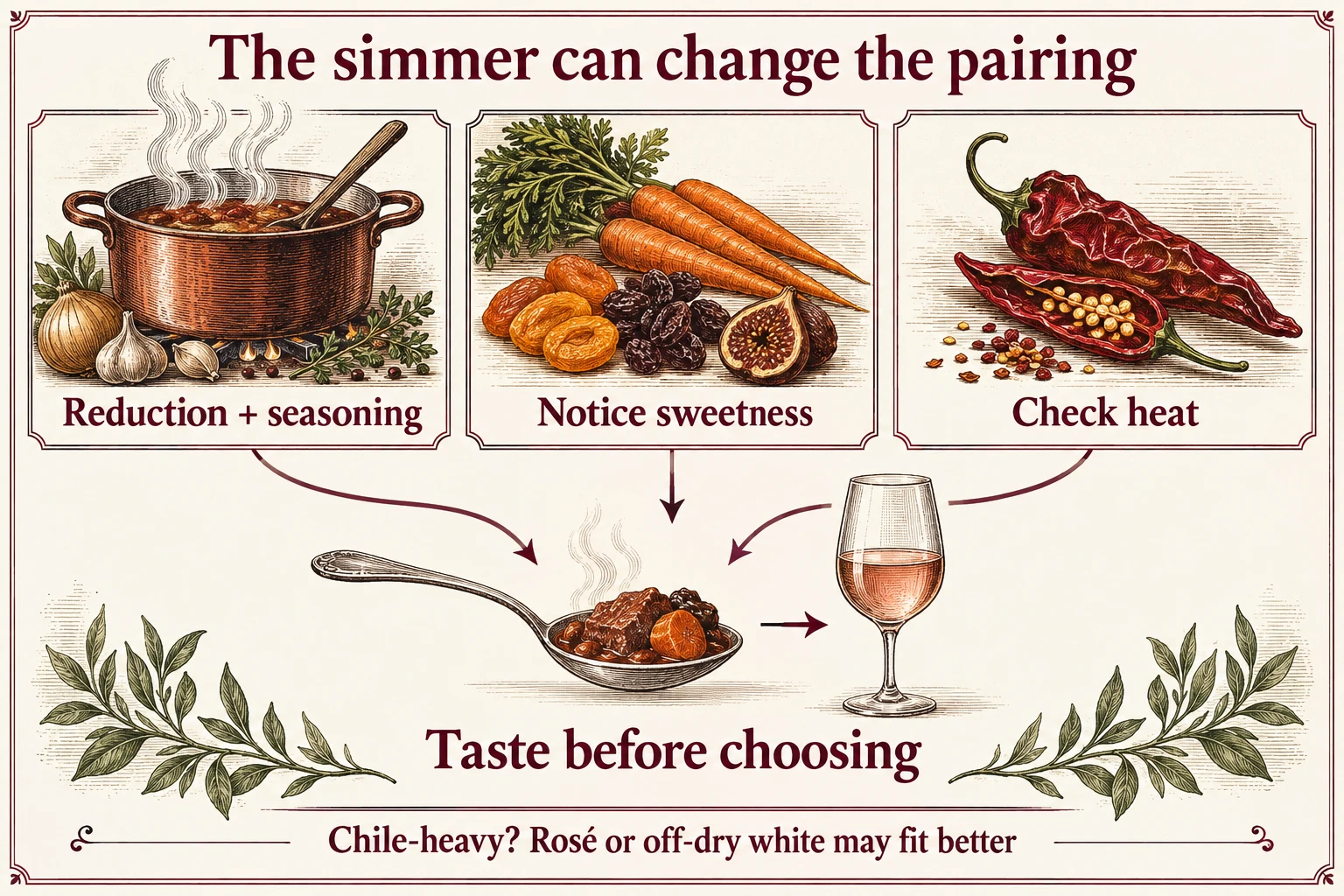 Reduction, final seasoning, sweetness and chile can change the pairing. Taste the finished stew before choosing the wine; a chile-hot stew need not be paired with red.