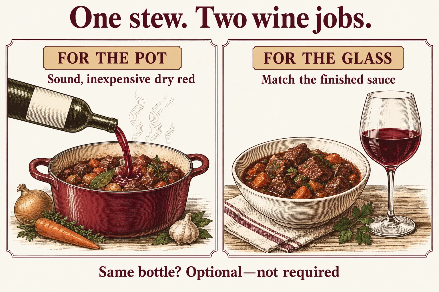 For the pot, choose a sound inexpensive dry red suited to the recipe. For the glass, match the finished sauce. The same bottle is optional, not required.