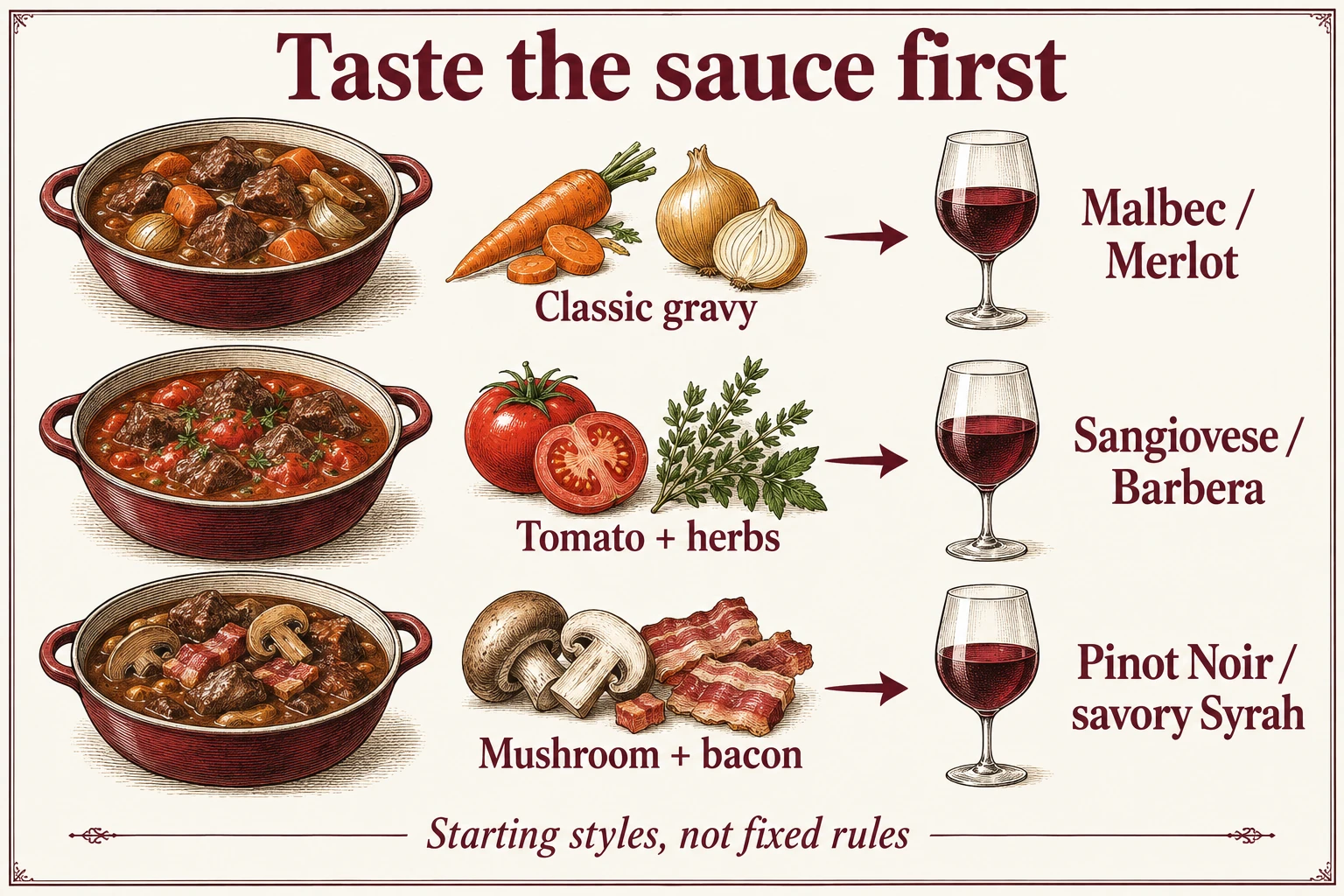 Classic gravy can suit Malbec or Merlot; tomato and herbs can suit Sangiovese or Barbera; mushroom and bacon can suit Pinot Noir or savory Syrah. These are style starting points.