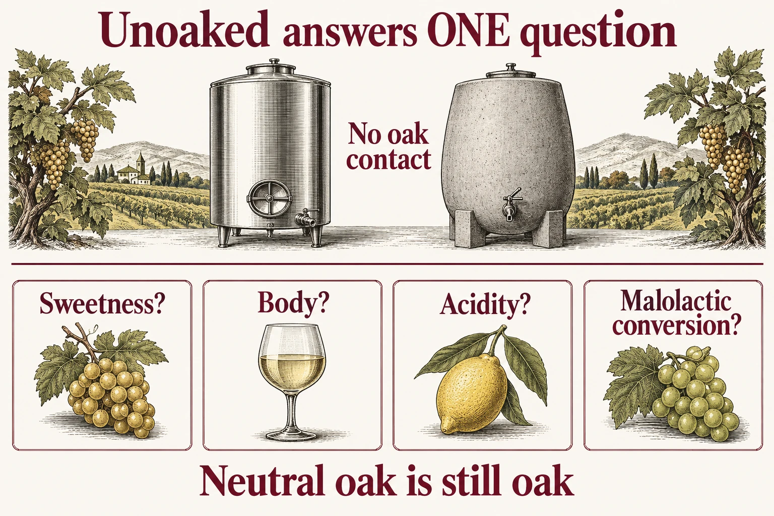 Unoaked describes the absence of oak contact. It does not by itself establish sweetness, body, acidity or malolactic conversion. Neutral oak is still oak.
