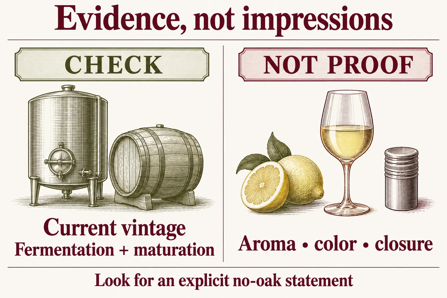 Check the current vintage technical sheet and explicit producer statements about fermentation and maturation. Citrus aromas, pale color and a screw cap do not prove no oak.