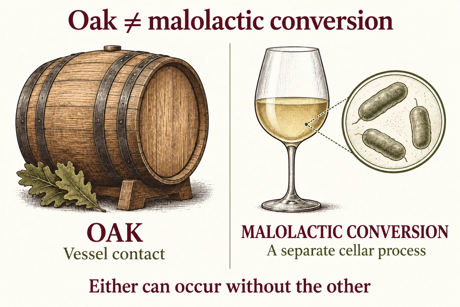 Oak contact is a vessel choice; malolactic conversion is a separate cellar process. Either may occur without the other. Buttery aroma alone does not prove oak contact.