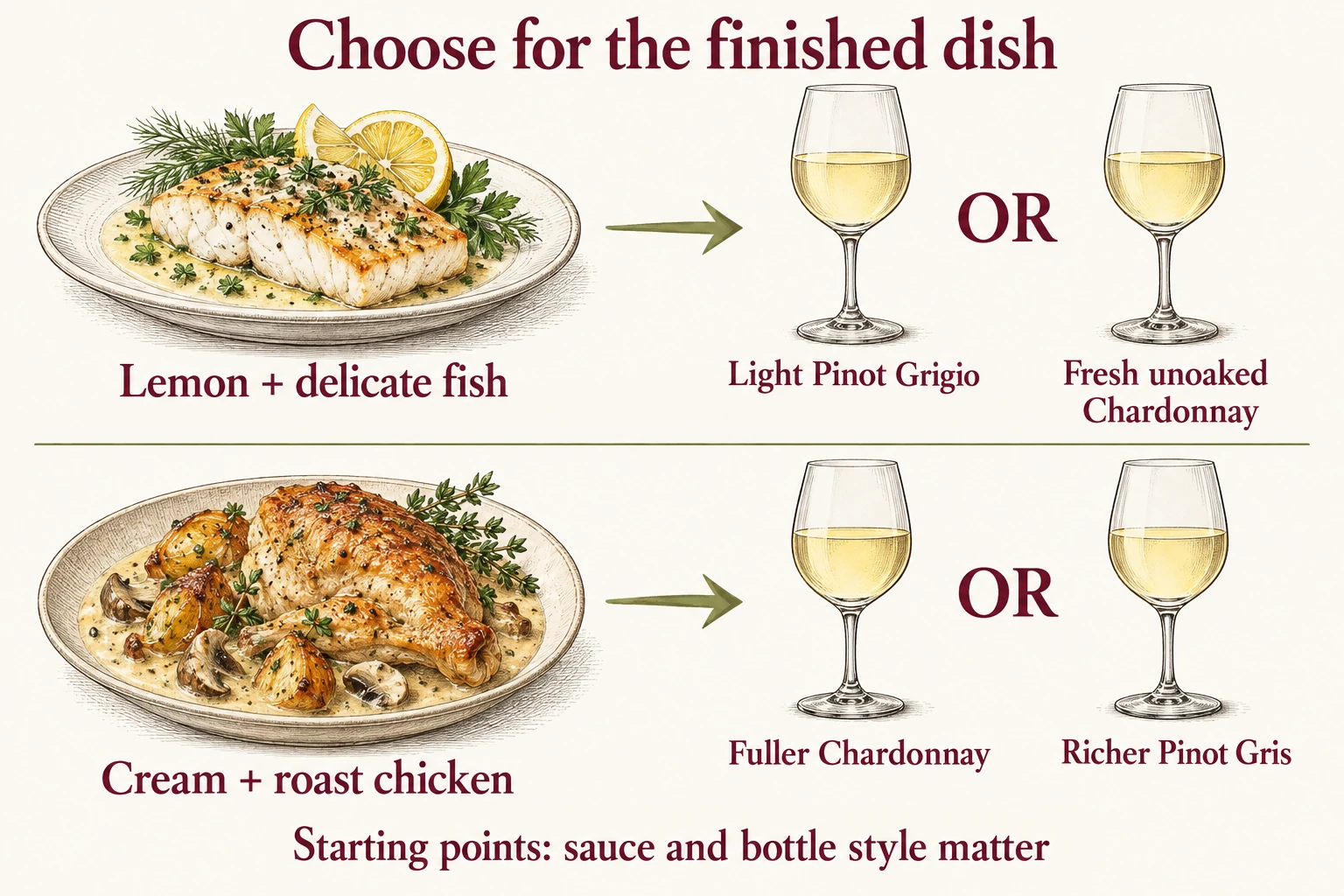 Lemon fish points to light Pinot Grigio or fresh Chardonnay; a creamy roast dish points to fuller styles.