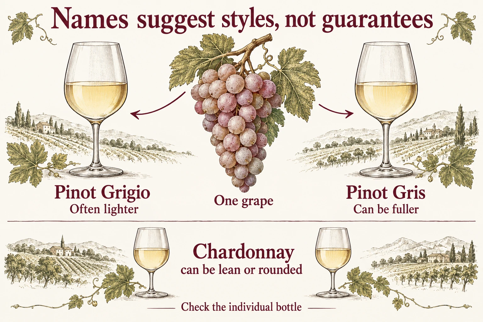 One grape connects Pinot Grigio and Pinot Gris, with light and fuller styles overlapping Chardonnay’s range.