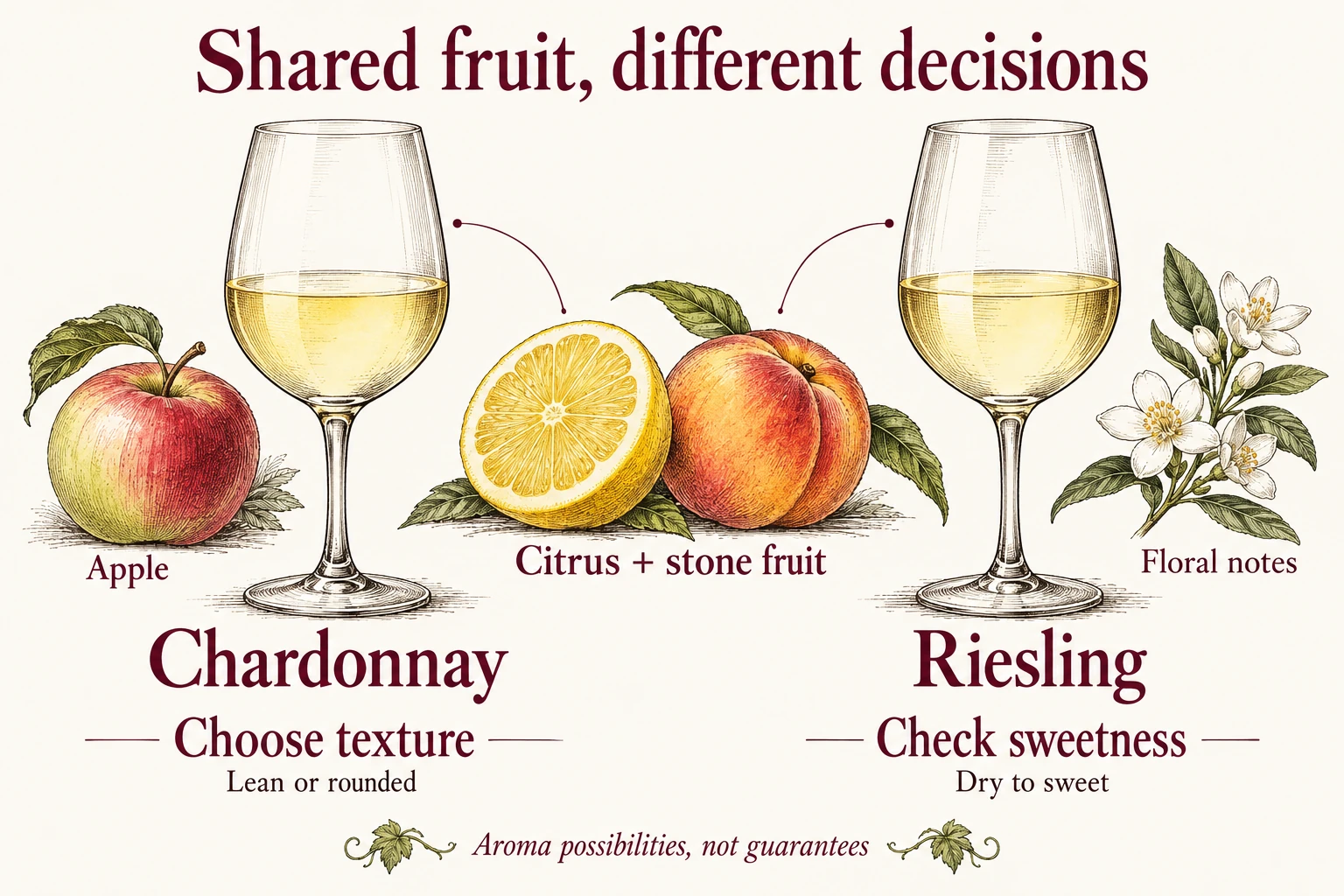 Chardonnay and Riesling glasses share citrus and stone-fruit cues, with Riesling’s floral possibility and Chardonnay’s texture choice called out.