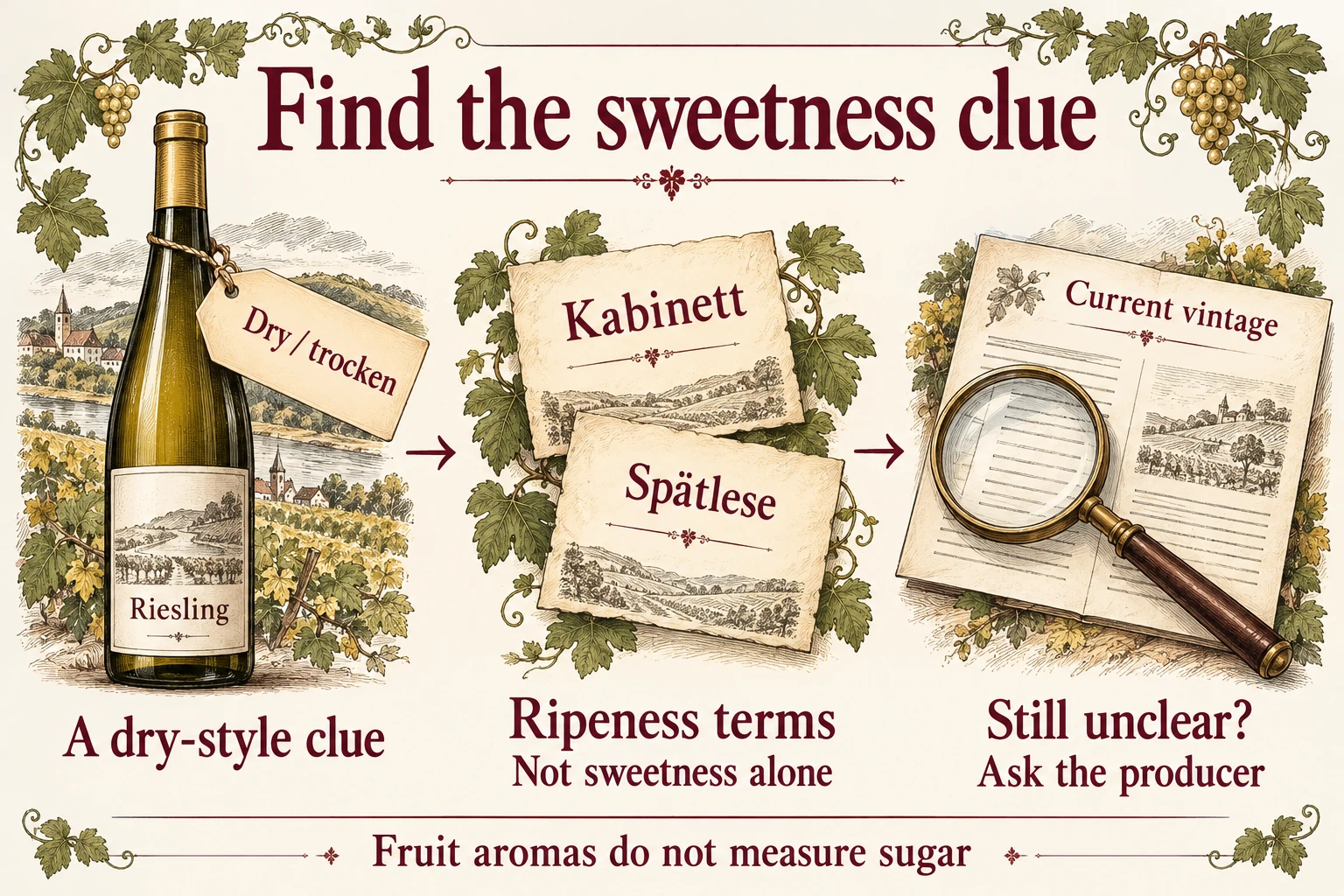 A Riesling label-reading flow distinguishes dry or trocken from ripeness words and directs unclear labels to producer information.
