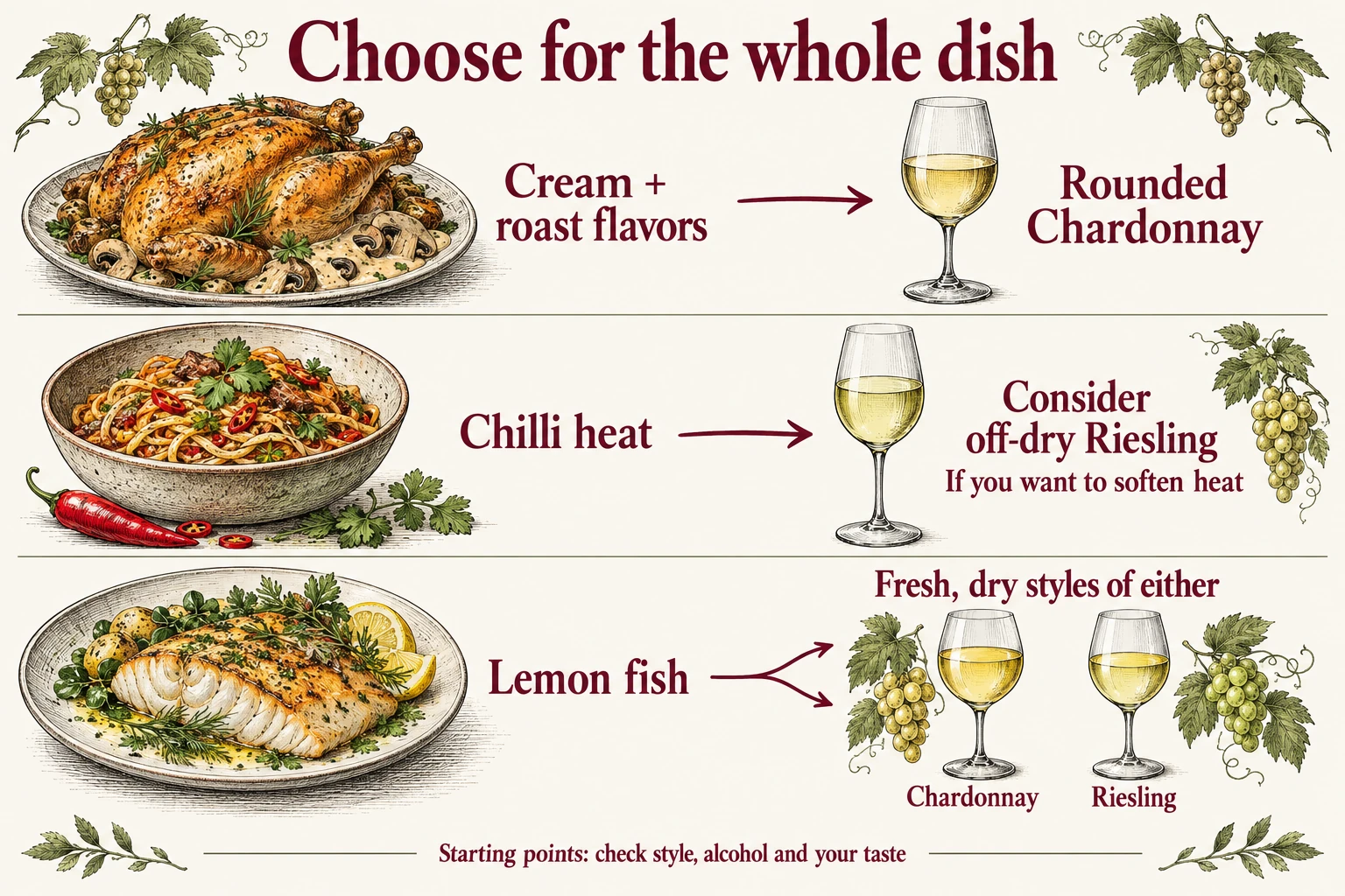 Creamy roast chicken, a chilli-led dish and lemon fish illustrate three Chardonnay-or-Riesling starting points.